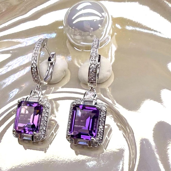 EA1 6.9CT High Quality Natural Russian Amethyst Huggies Earrings Rhodium S925